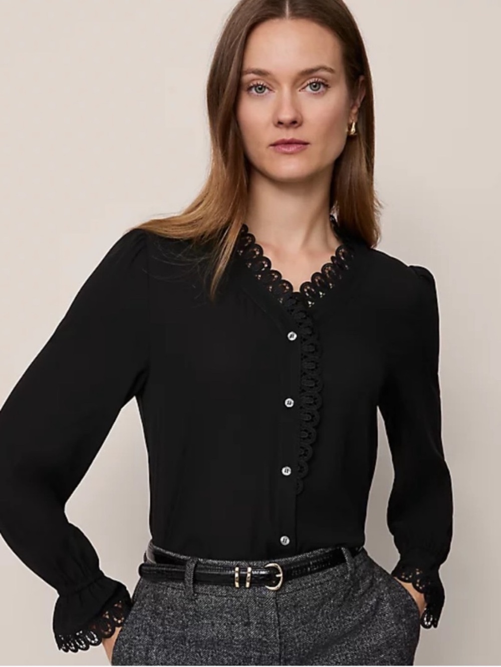 Ann Taylor Black Lace-Trim V-Neck Blouse